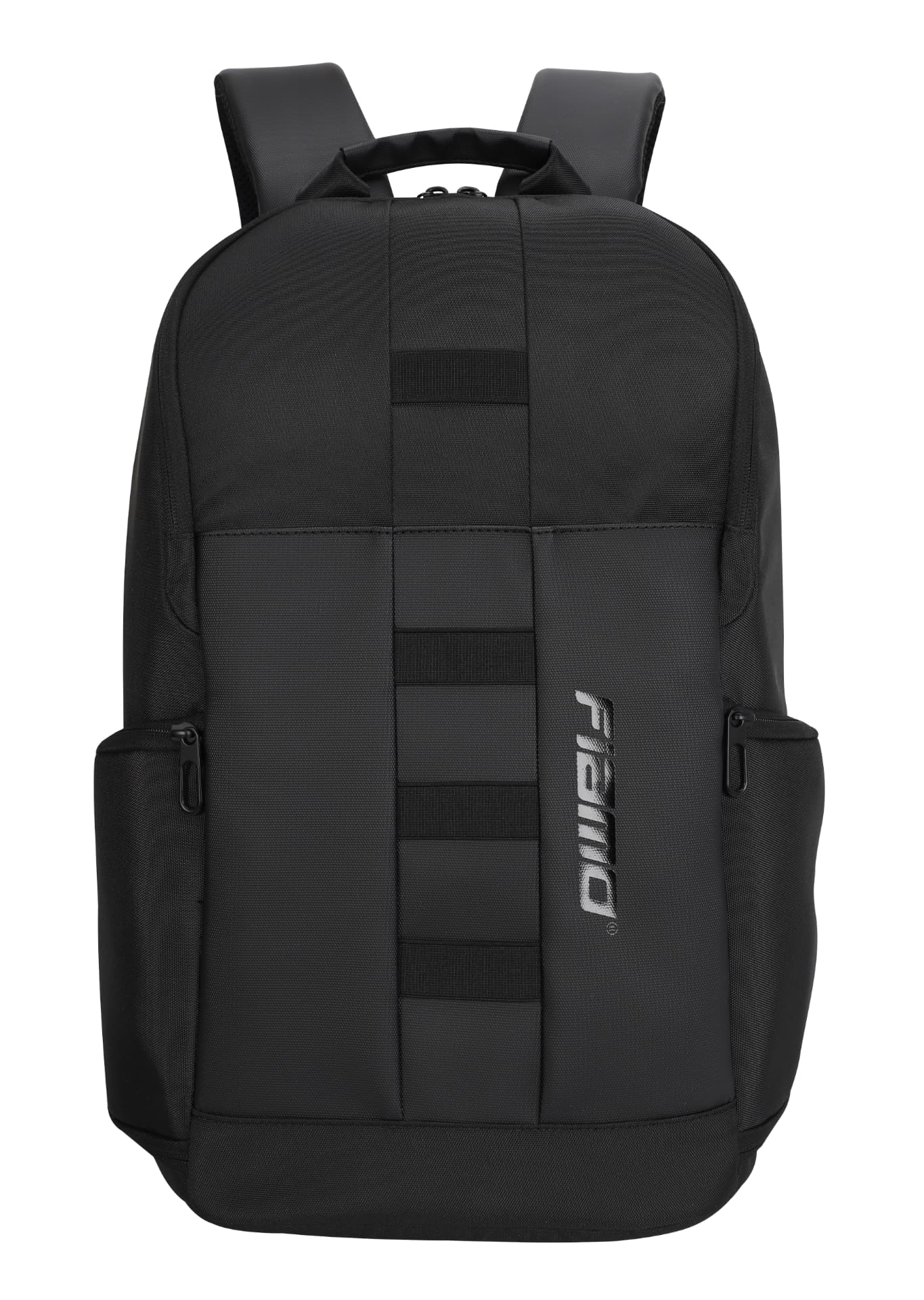 Fiamo Urban backpack in black, front view with webbing straps