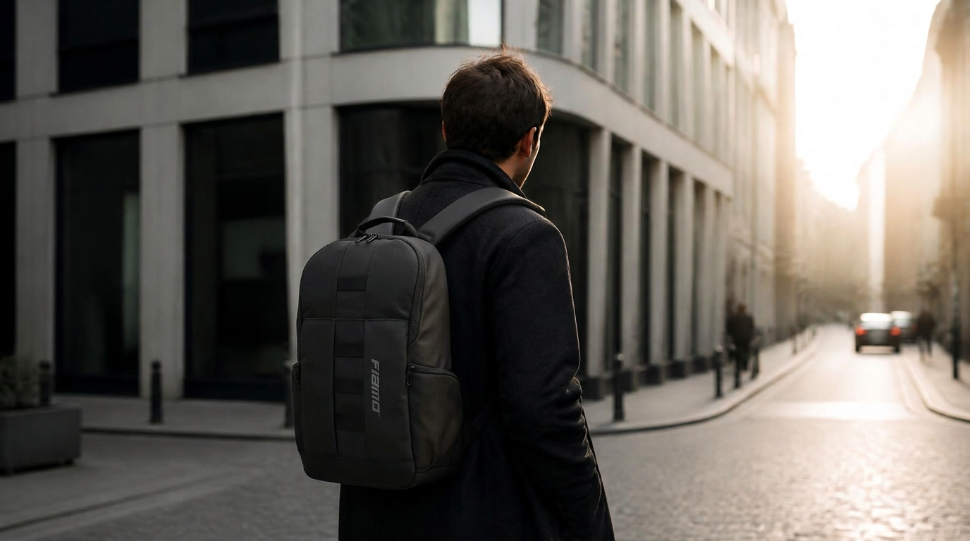 Person commuting through a city wearing a black Fiamo Urban backpack.